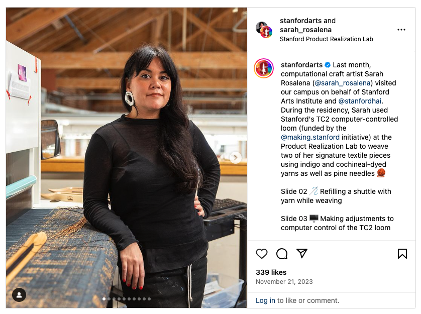 Screenshot of Stanford Arts Instagram post showing artist Sarah Rosalena at the TC2 Loom